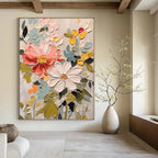 Impasto Floral Mix of Coral, White, Greens, Matisse - Inspired, Floral Painting On Canvas PT2128