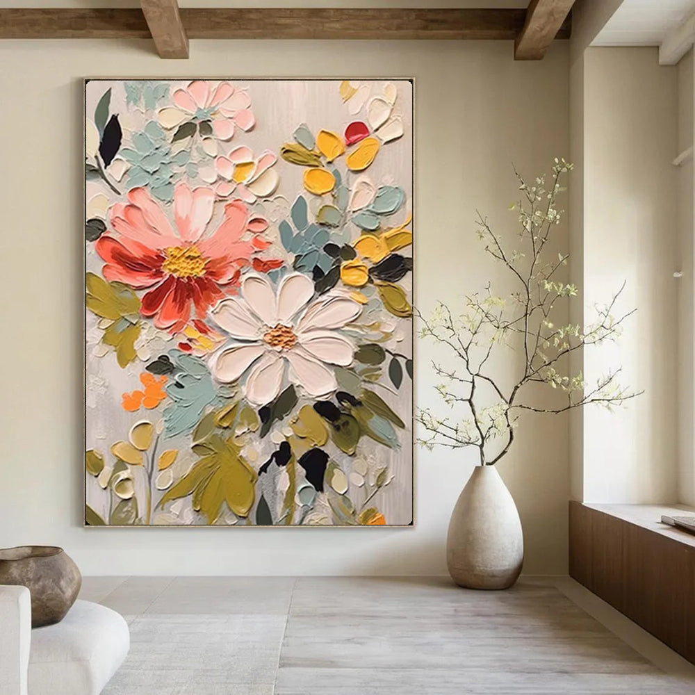 Impasto Floral Mix of Coral, White, Greens, Matisse - Inspired, Floral Painting On Canvas PT2128