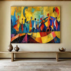 “Colorful Abstract Figures” - Yellow, Blue & Red Figurative, Cubist - Style Painting On Canvas DKS768