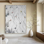 White, Colorful Figures with Textured Snow "Ski Slope Fun" Textured Painting On Canvas PS1401