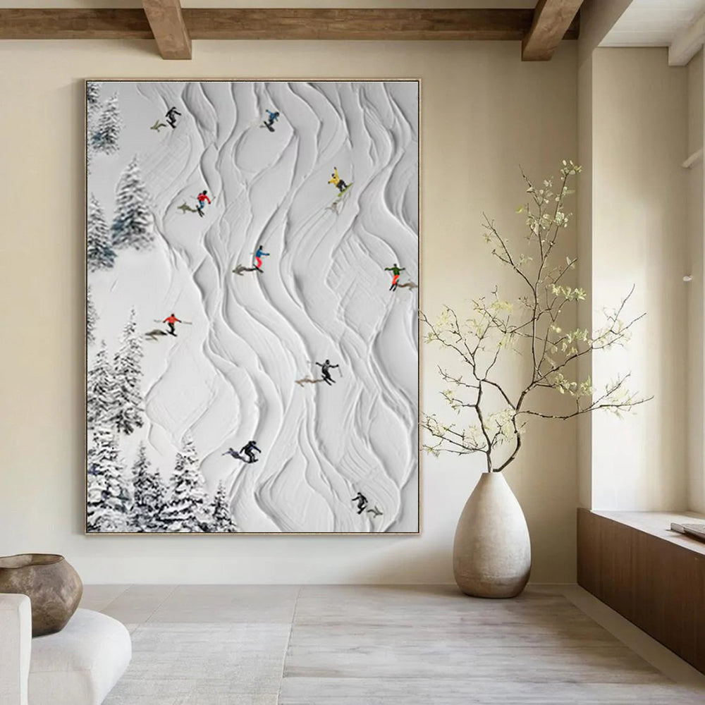 White, Colorful Figures with Textured Snow "Ski Slope Fun" Textured Painting On Canvas PS1401