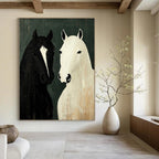 “Black and White Horse Portrait” - Folk - Inspired Animal Painting On Canvas PT1003