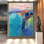 “Colorful Abstract Landscape” - Blue, Green, Pink Abstract Landscape Painting On Canvas PS0720