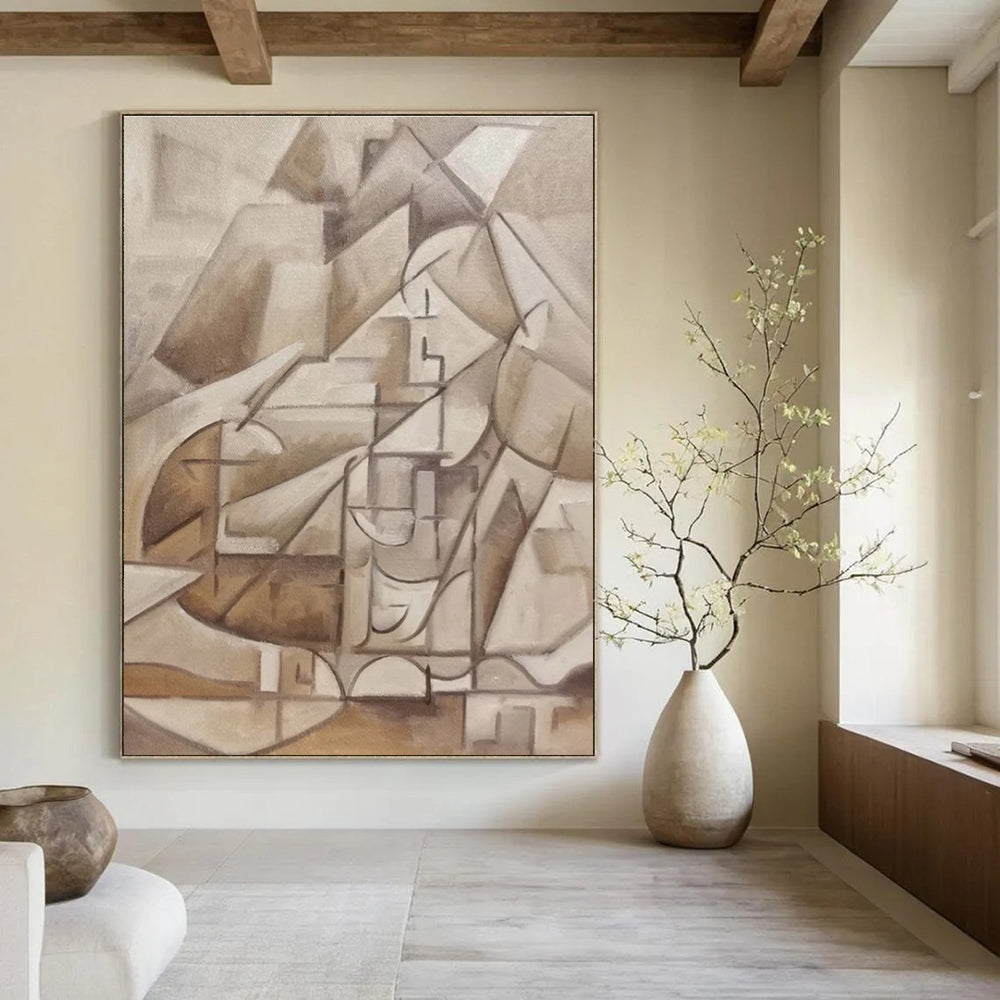 Brown, Beige with Cubist Forms "Abstract Village" Abstract Painting On Canvas PS1456