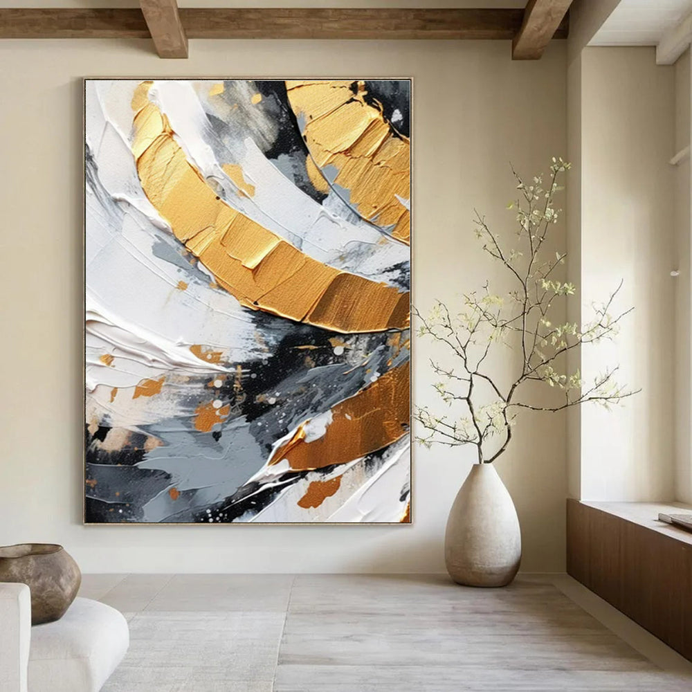 Gold and Gray Impasto Swirls - Textured Metallic Abstract Painting On Canvas PS1243