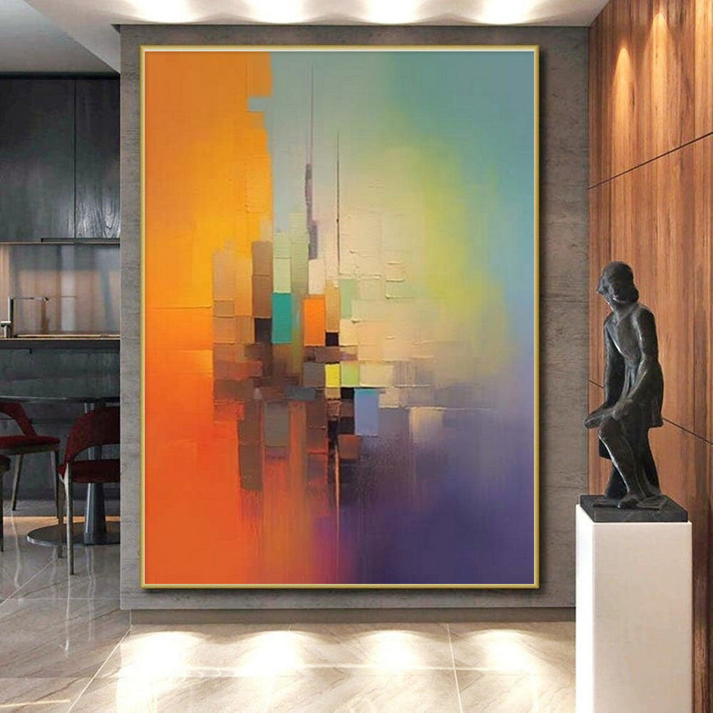 “Color - Blocked Cityscape” - Orange, Green, Blue, Purple Abstract Cityscape Painting On Canvas PS0691