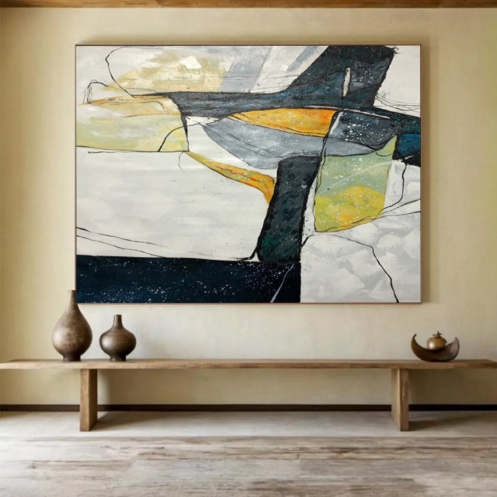 “Geometric Abstract Coastal in Blacks, Whites & Colors” - Modern Cubist - Inspired Oil Painting On Canvas PT038