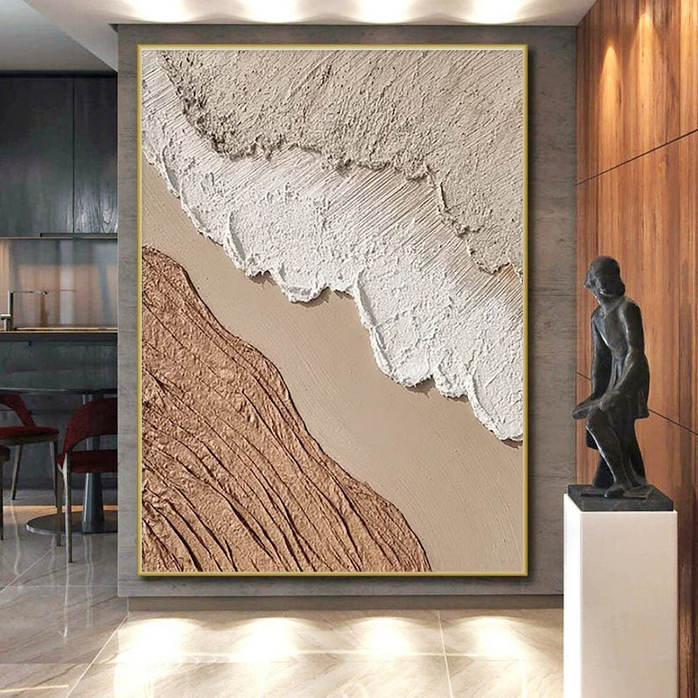 “Textured Earth Layers” - Beige, Brown, White Abstract Landscape Painting On Canvas PS0673