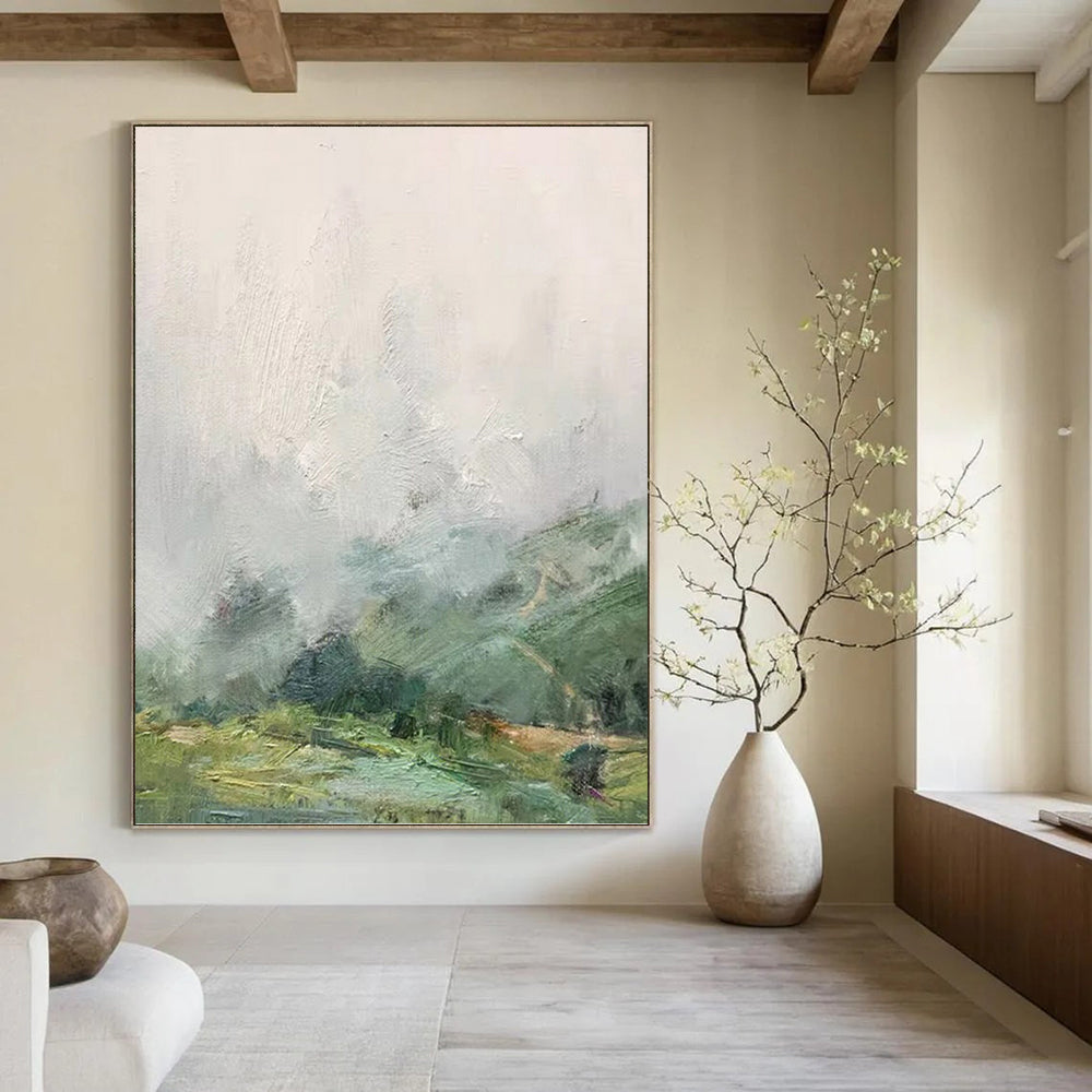 “Soft Green and Gray Landscape” - Landscape, Impressionistic Painting On Canvas PT1541
