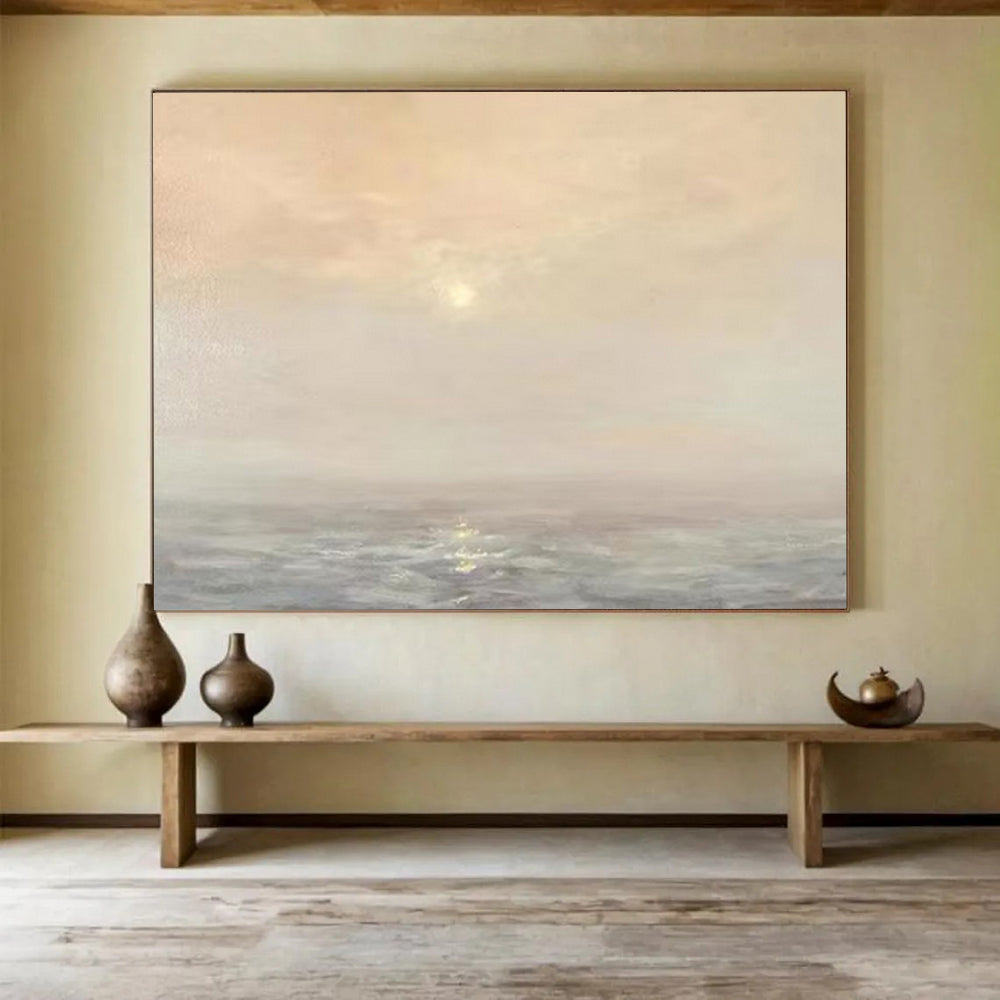 “Peach - Gray Sunset Ocean” - Soft Hues “Dusk Glow” Painting On Canvas PT1669