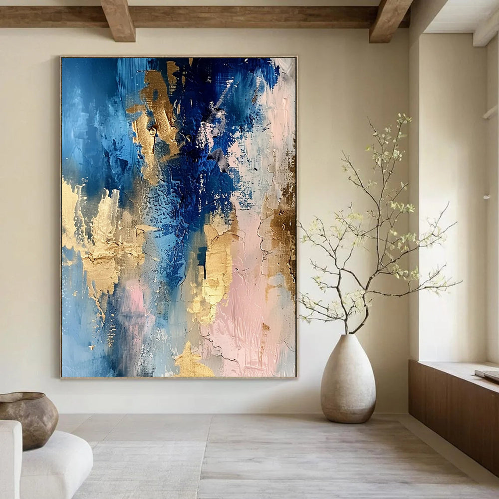 Blue - Gold - Pink Abstract Blend Textured Painting On Canvas DS072