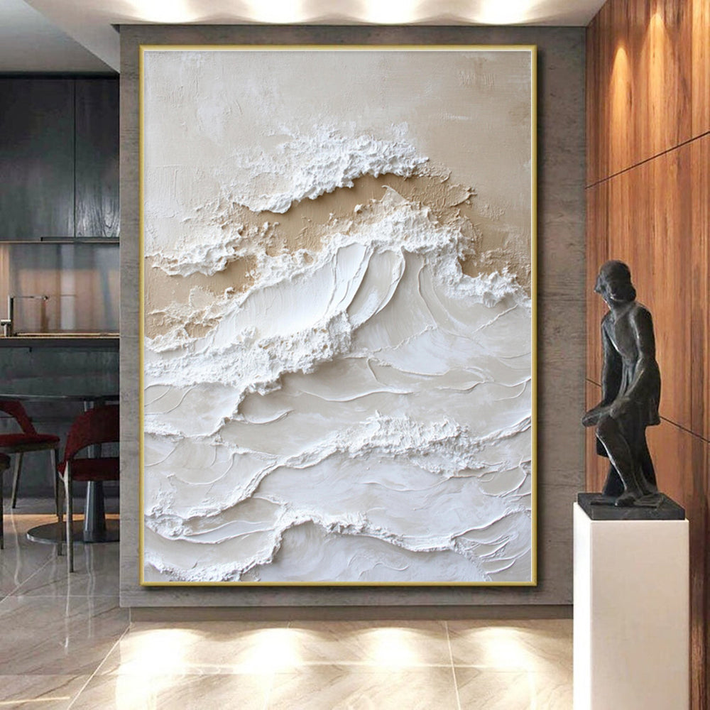 “Cream - White Textured Waves” - Cream, White Textured Abstract Painting On Canvas PS0444