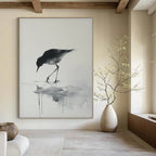 Black - White Bird Reflection, "Ink Bird" – Minimalist Ink - Style Painting On Canvas PS0933