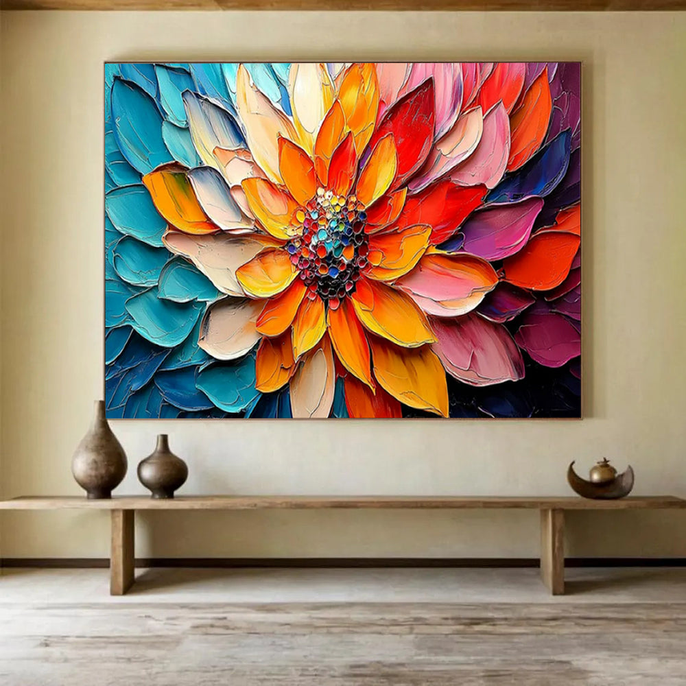 “Colorful Petals of a Blooming Flower” - Impasto Floral - Painting On Canvas PT1766