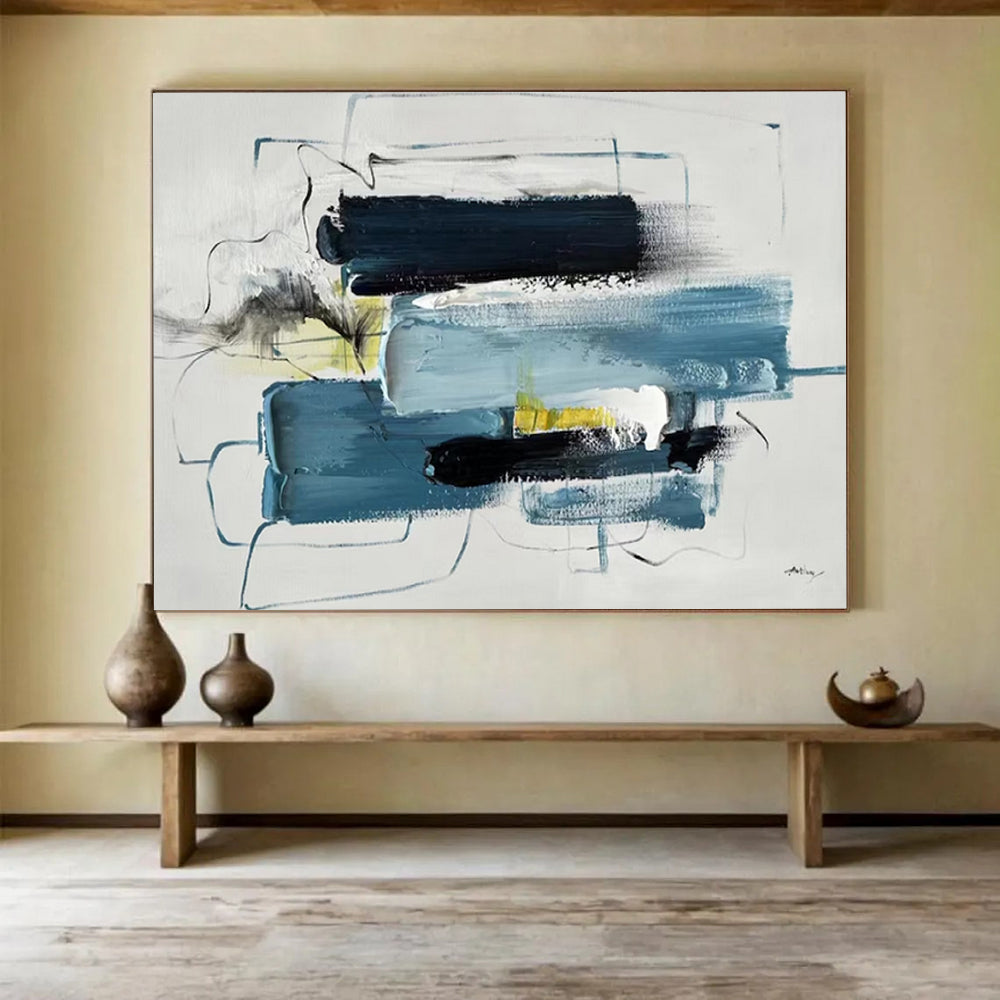 “Blue - Black Abstract Composition” - Modernist Abstract Painting On Canvas PT1561
