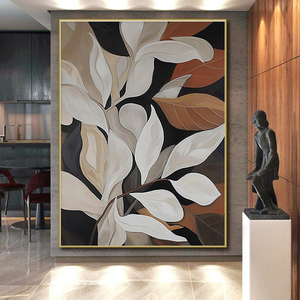 “Elegant White Leaves” - Black, White, Brown Abstract Floral Painting On Canvas PS0667