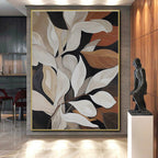 “Elegant White Leaves” - Black, White, Brown Abstract Floral Painting On Canvas PS0667