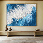 “Textured Blue Coast” - Blue, White & Gray Seascape, Impasto Oil Painting On Canvas DKS785