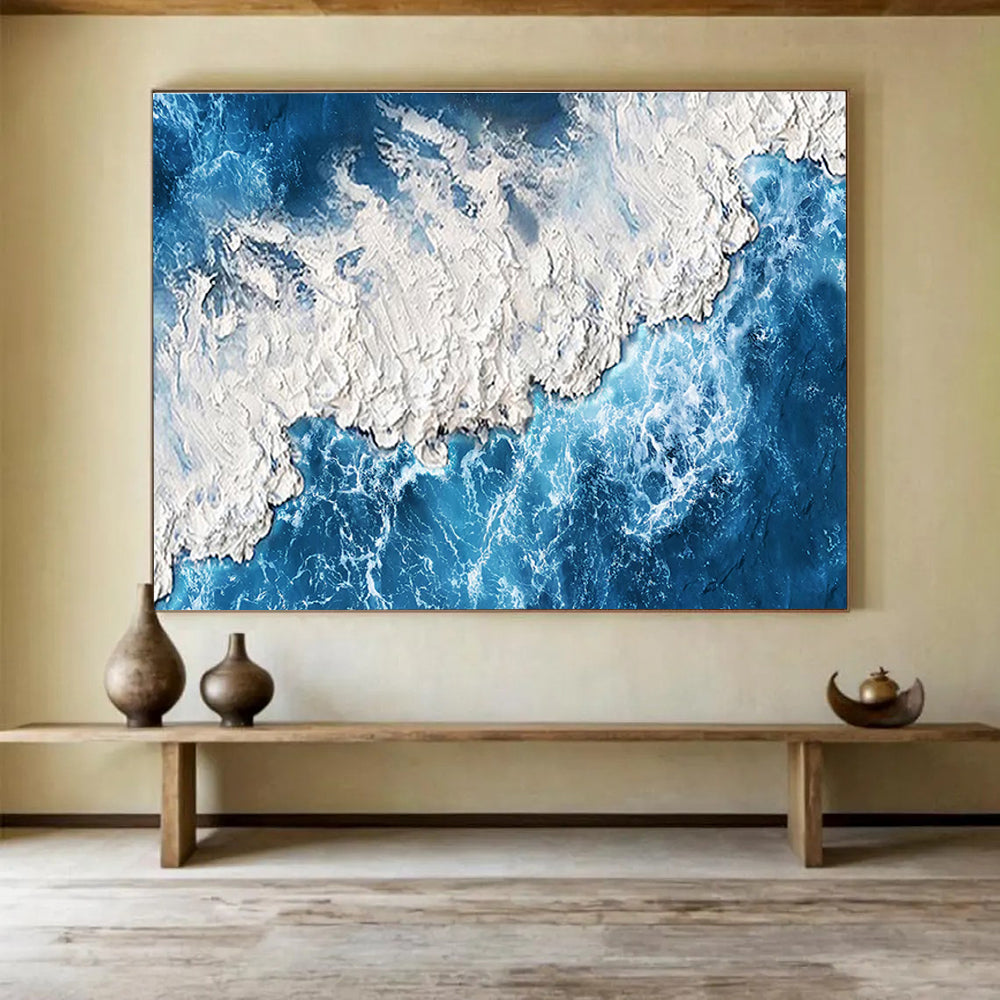 “Textured Blue Coast” - Blue, White & Gray Seascape, Impasto Oil Painting On Canvas DKS785
