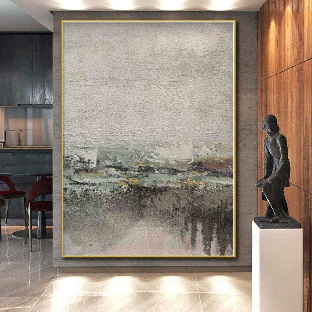 “Muted Landscape Impression” - Gray, Green, Yellow Abstract Landscape Painting On Canvas PS0565