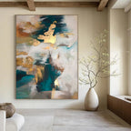 Teal, Gold, and White Abstract, "Dreamy Fusion" – Abstract Expressionist Painting On Canvas PS1002