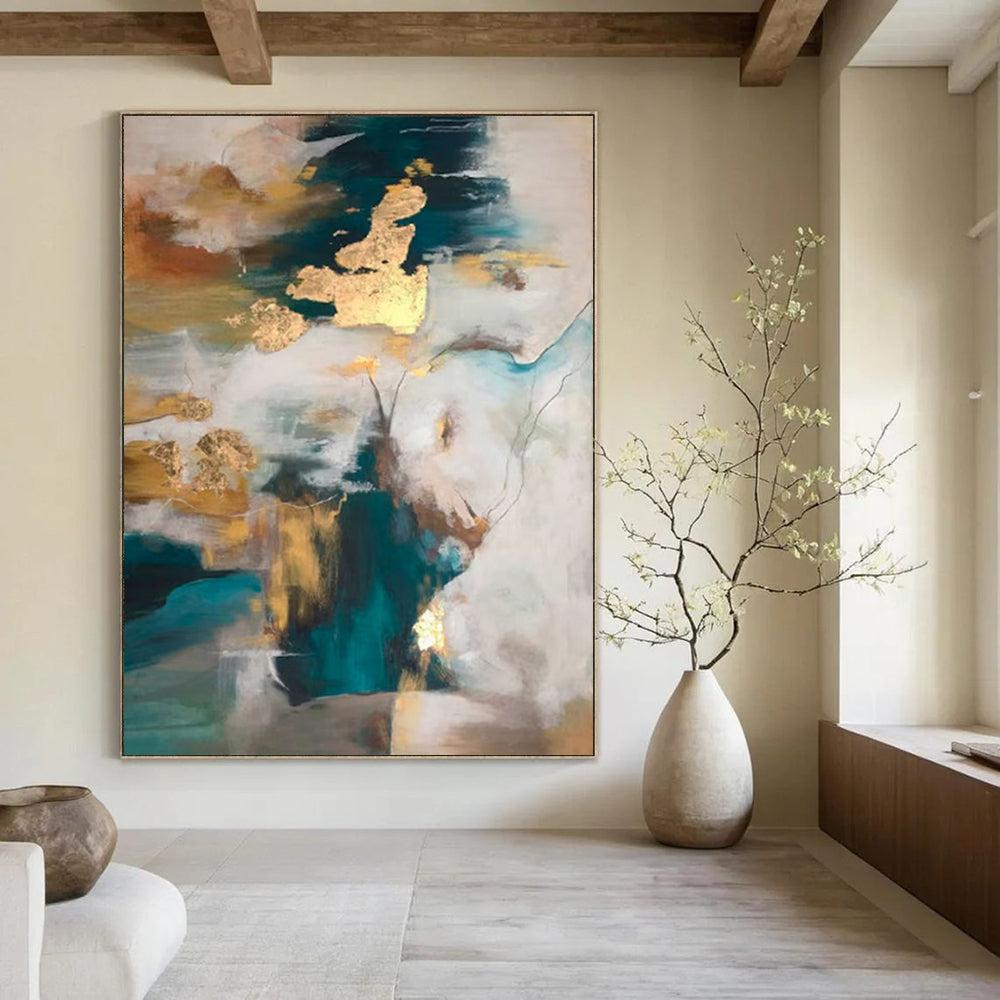 Teal, Gold, and White Abstract, "Dreamy Fusion" – Abstract Expressionist Painting On Canvas PS1002