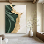 “Green and Gold Flowing Textures” - Abstract, Gold - Accented Painting On Canvas PT1496