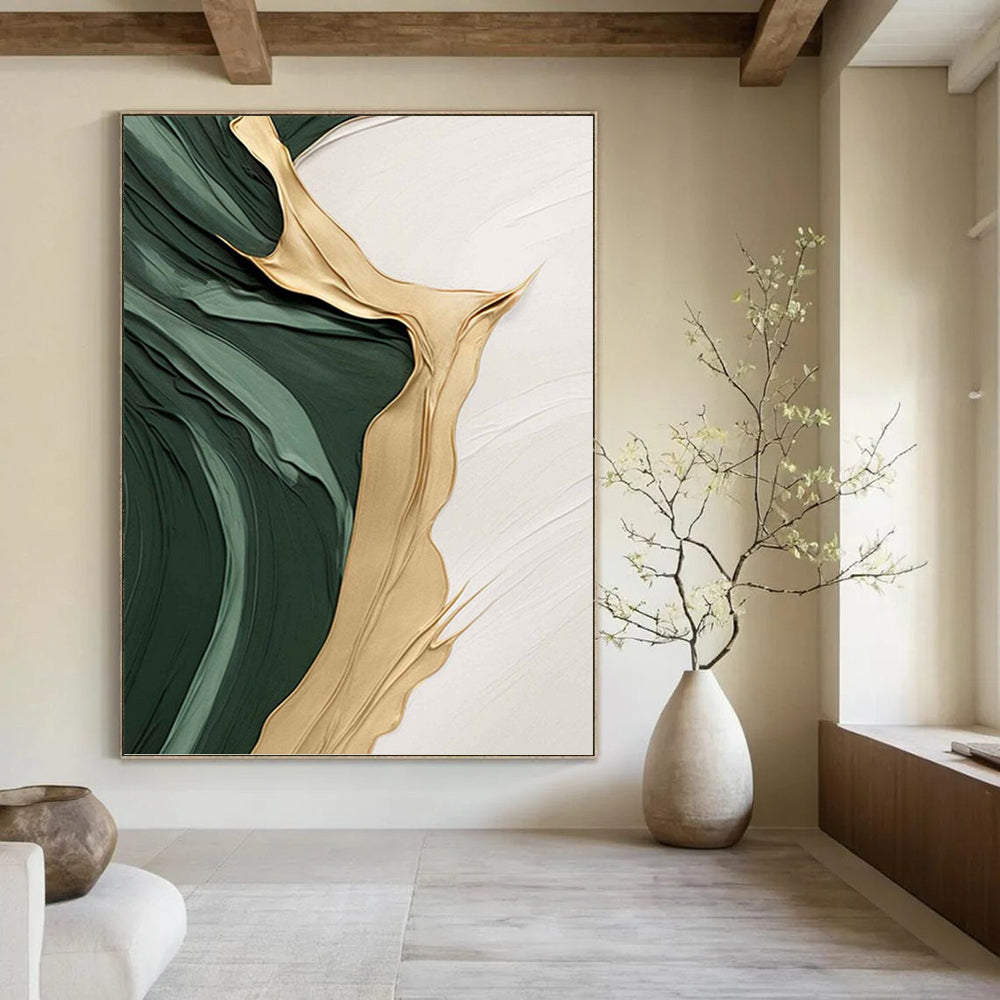 “Green and Gold Flowing Textures” - Abstract, Gold - Accented Painting On Canvas PT1496