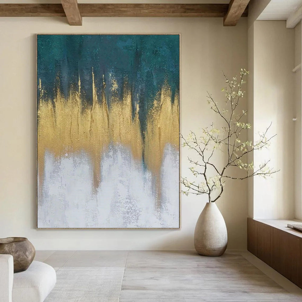“Teal - Gold - White Drip” - Textured Abstract Painting On Canvas PT1235