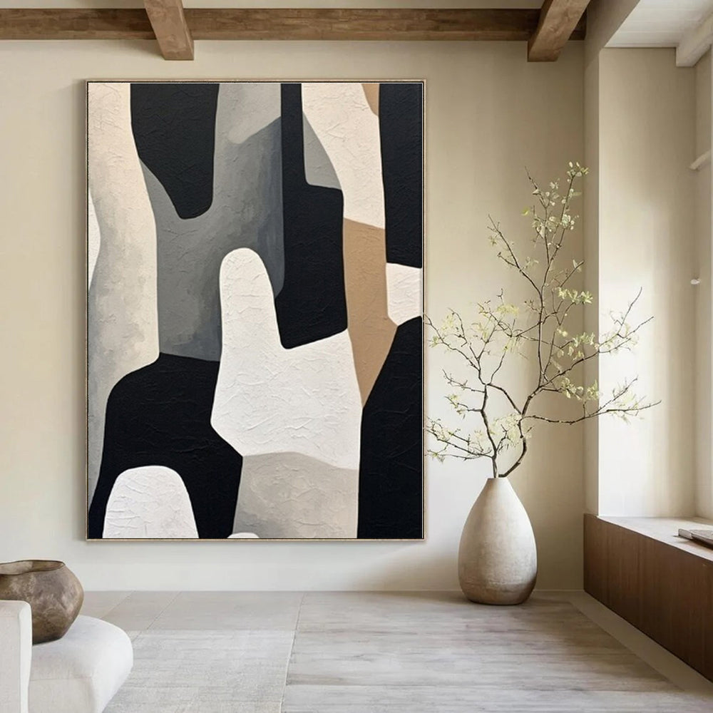 Black, White, Beige with Abstract Shapes "Monochrome Mosaic" Abstract Painting On Canvas PS1280
