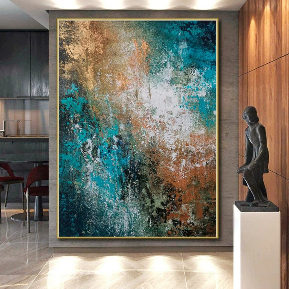 “Teal and Copper Abstract Fusion” - Abstract Impasto Painting On Canvas PS0019