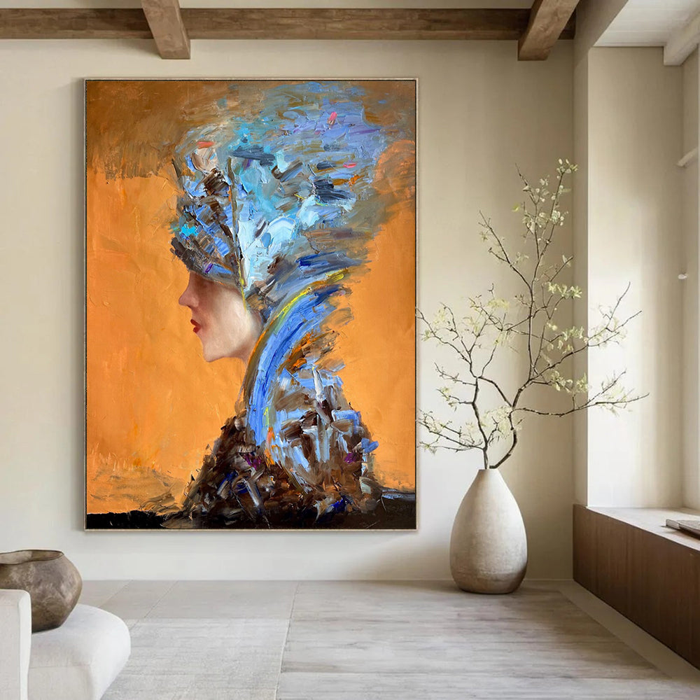 “Blue and Brown Abstract Headpiece on Orange” - Expressive Portrait - Inspired Painting On Canvas DS348