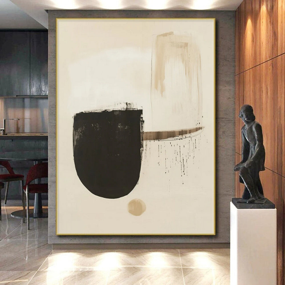 “Subtle Beige - Black Abstract Shapes” - Contemporary Abstract Painting On Canvas PS0275