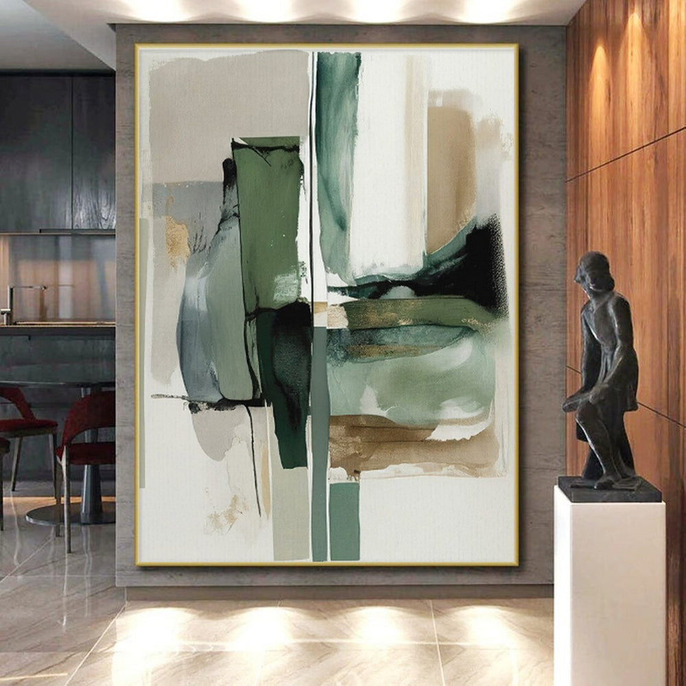 “Green & Gray Abstract Fusion” - Green, Gray, White, Gold Abstract Painting On Canvas PS0758