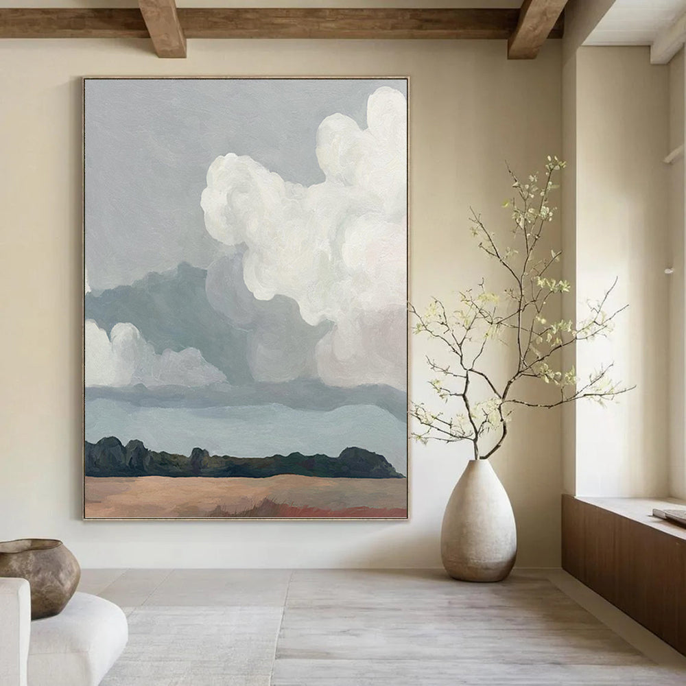 “Simple Skies & Plains” - Gray, White, Minimalist Landscape Painting On Canvas PT1463