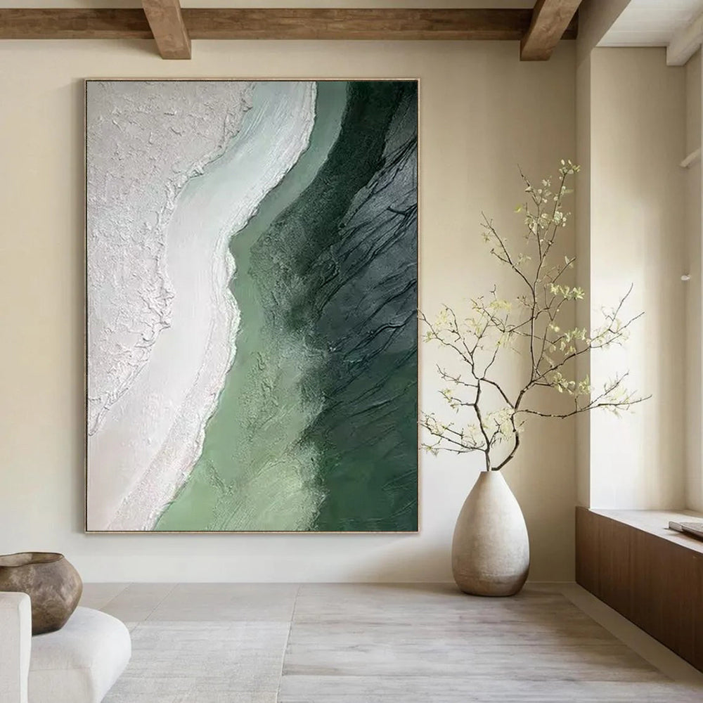 Textured Green and White, "Coastal Layers" – Textured Abstract Painting On Canvas PS0938