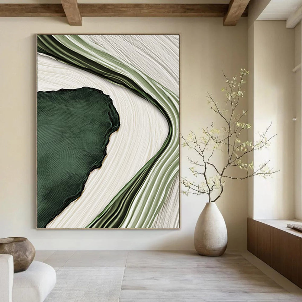 “Green & White Wave Abstraction” - Fluid, Nature - Inspired Painting On Canvas PT1473