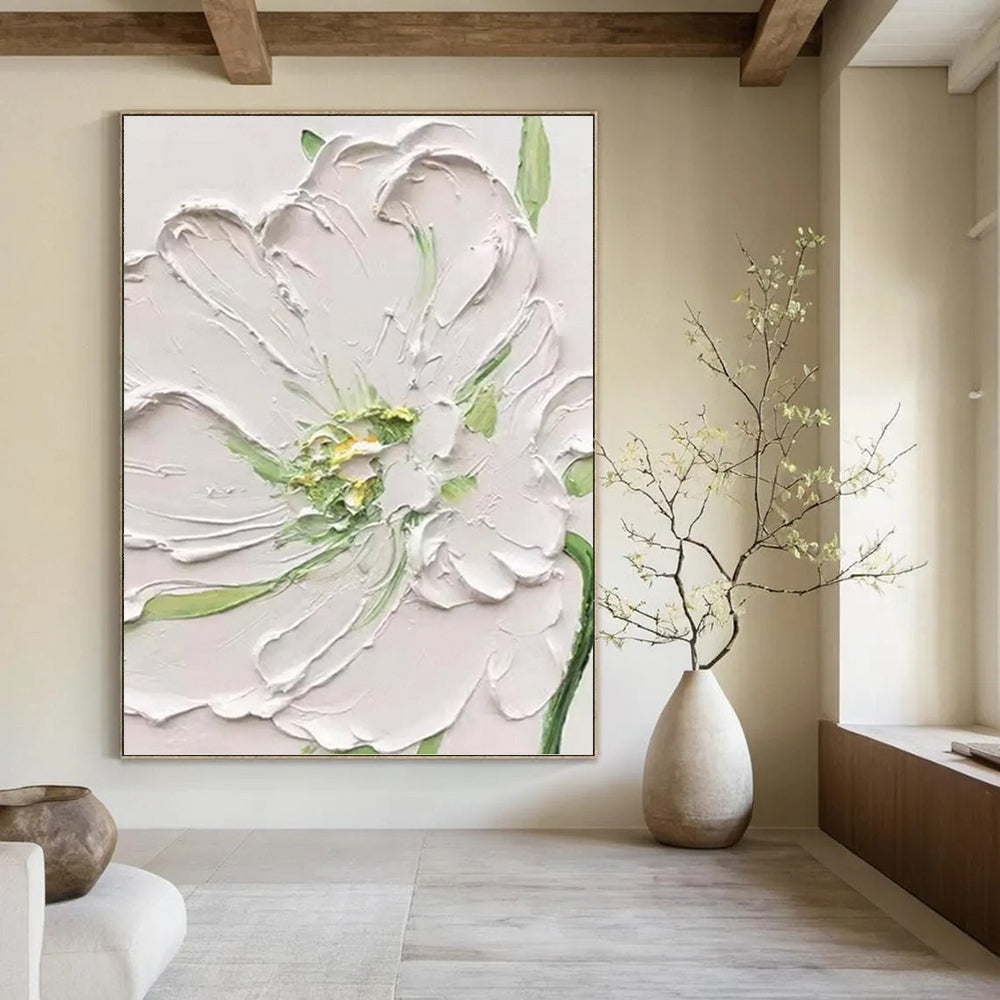 “White - Green Floral Relief” - Realist - Inspired Floral Painting On Canvas PT1398