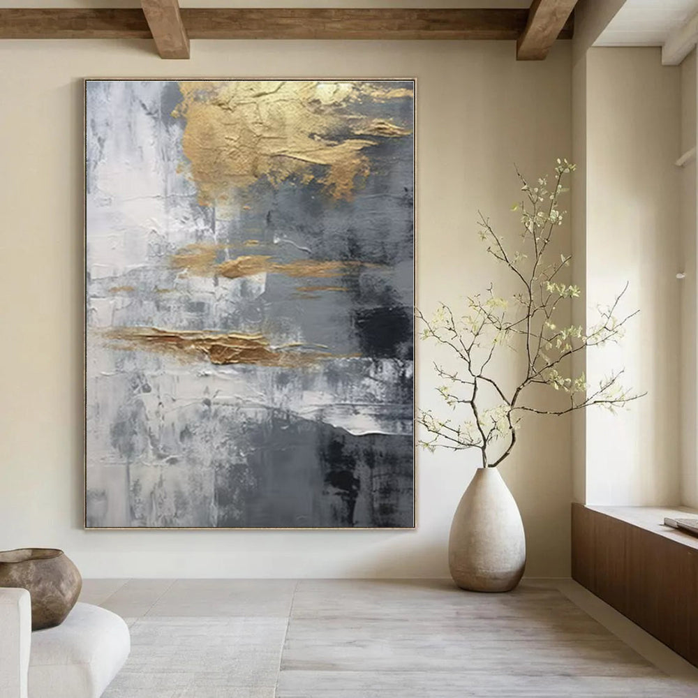 Gray, Gold, White with Textured Abstract "Gilded Grayscale" Abstract Painting On Canvas PS1260