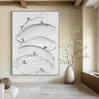 White with Mini Skiers "Snowy Slopes" Abstract Painting On Canvas PS1360