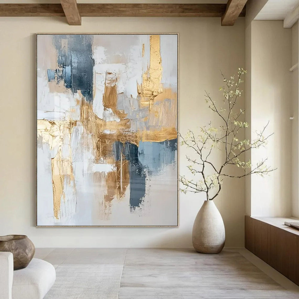 Beige, Blue, and Gold Abstract Blend - Neutral - Toned Abstract Fusion Painting On Canvas PS1242