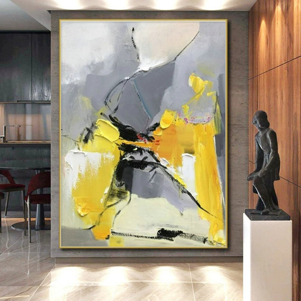 “Gray - Yellow Abstract Dance” - Gray, Yellow, Black Abstract Fluid Painting On Canvas PS0618