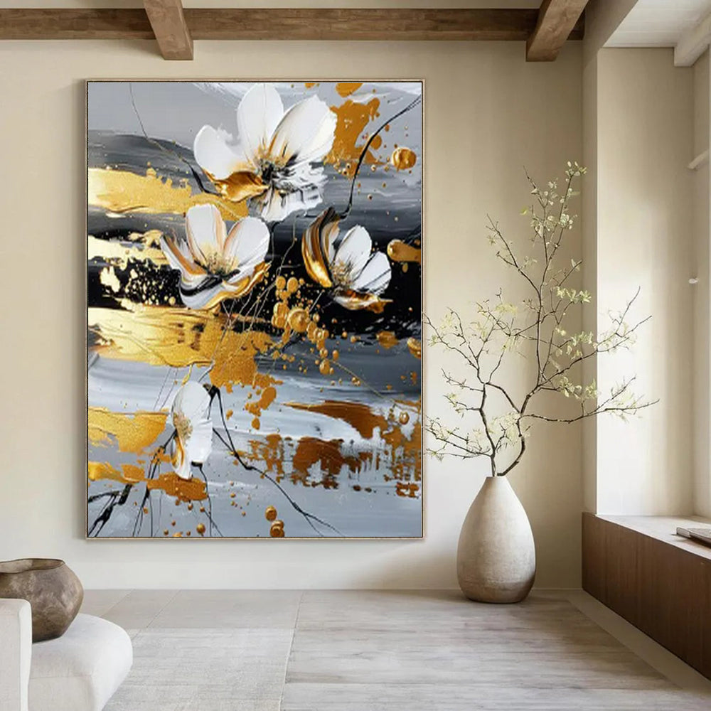 White, Gold, Gray with Floating Flowers "Airy Blooms" Floral Painting On Canvas PS1255