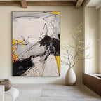 Black - White - Yellow - Orange Energetic Drips Abstract Expressionist Painting On Canvas DS054