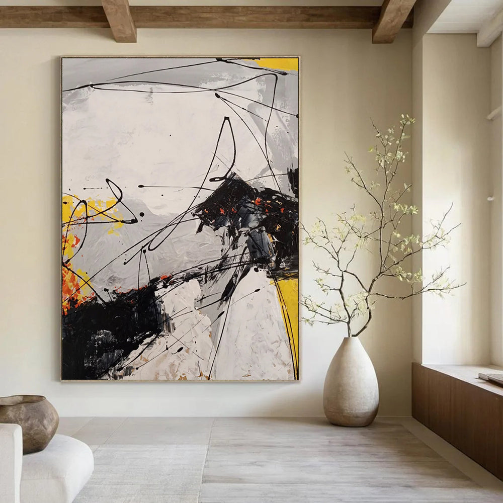 Black - White - Yellow - Orange Energetic Drips Abstract Expressionist Painting On Canvas DS054