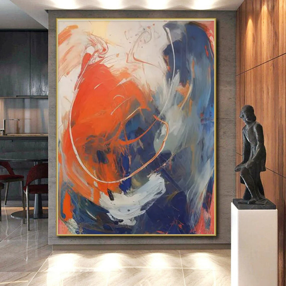 “Orange - Blue - White Abstract Swirling Forms” Painting On Canvas PS0843
