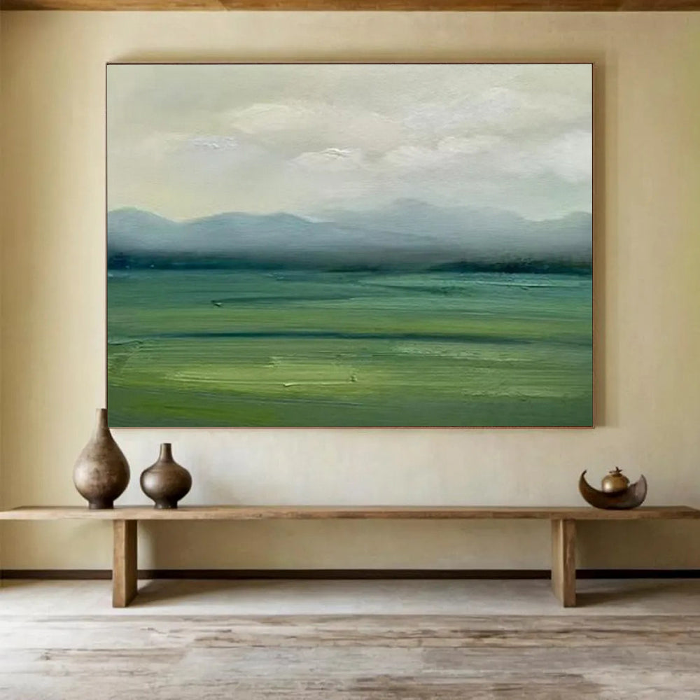“Misty Green Fields and Mountains” - Impressionist Landscape - Painting On Canvas PT1785