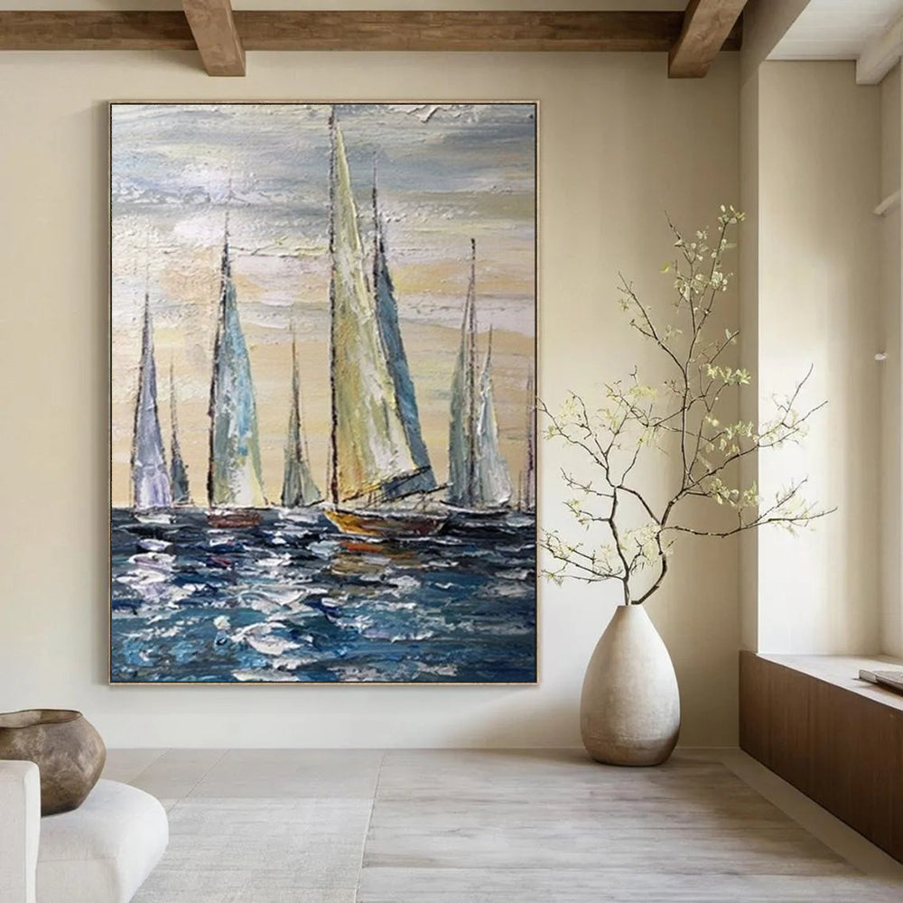 Sailing Regatta, Impasto Seaside, Oil Painting On Canvas PT2095