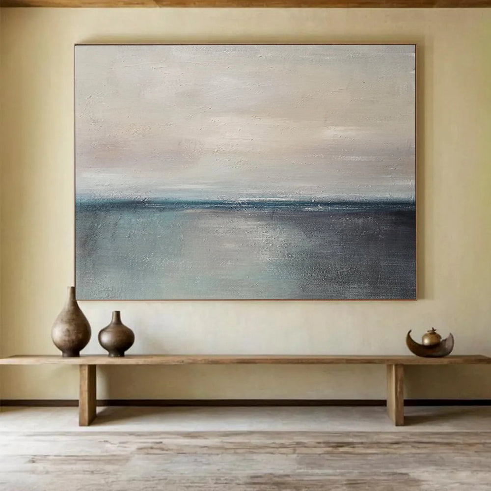 “Soft Coastal Horizon in Neutrals and Blues” - Minimalist Seascape Oil Painting On Canvas PT028