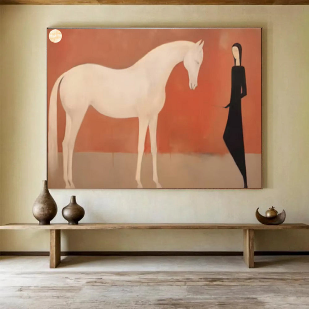 “Woman And Horse Silhouette” - Red, White & Black Figurative, Minimalist Painting On Canvas DKS730